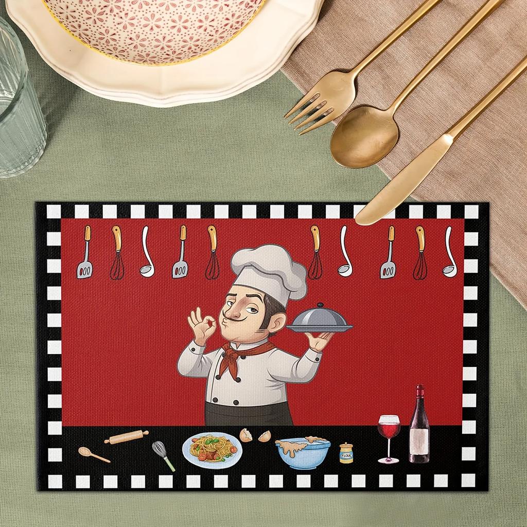1 pièce Sets de table rouges à carreaux pour cuisine de chef, Sets de table amusants, Sets de table pour table de salle à manger style ferme, Ensemble de table essuyable