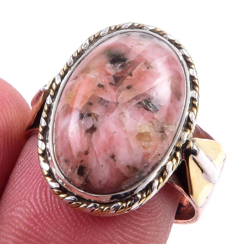 

Natural Rhodonite Gemstone Handmade 925 Sterling Silver Two Tone Ring S.8 k0Q37