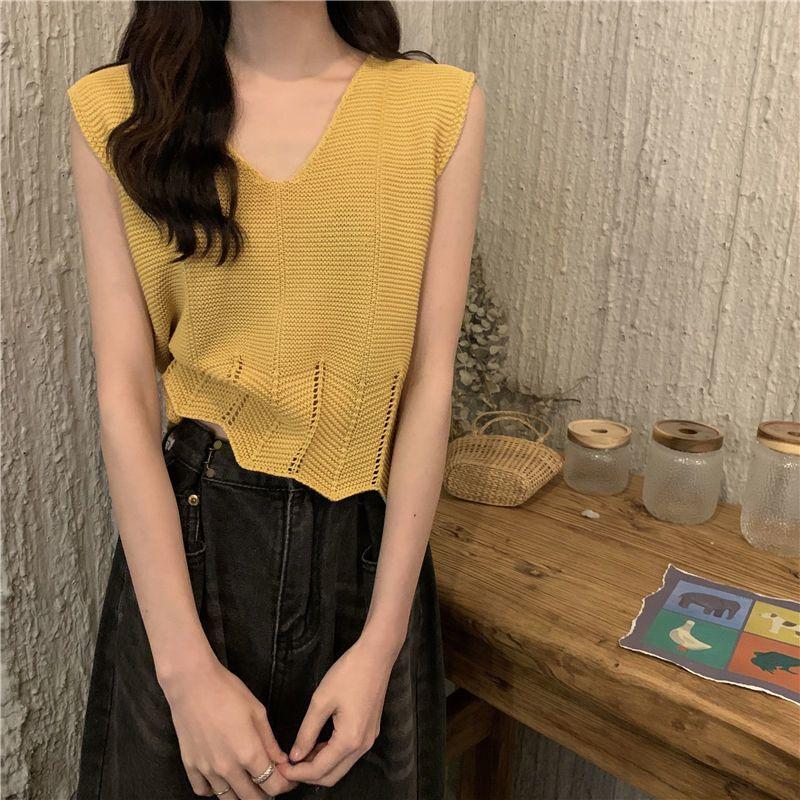 Women's Popular Summer Thin French Versatile Hollow Out Design Irregular V Neck Camisole Knit Top