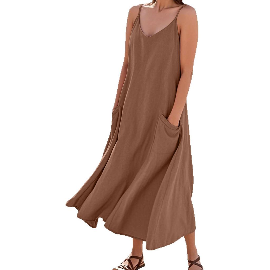 New European and American women's clothing loose casual simple style solid color suspender big pendulum dress women