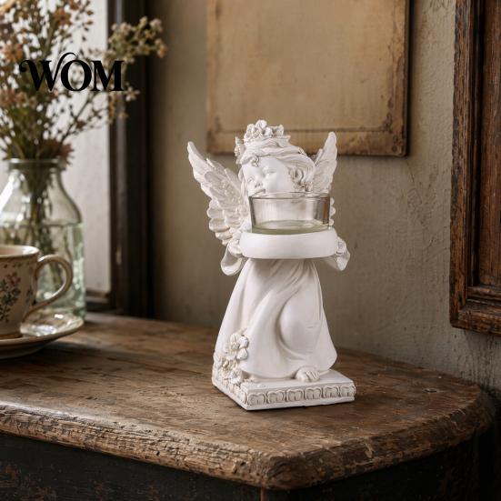 Home Decor Angel Candle Holder Little Holder, Resin Decorative Guardian Tea Light Romantic Retro Cherub Sculpture for Church Wedding Elegant