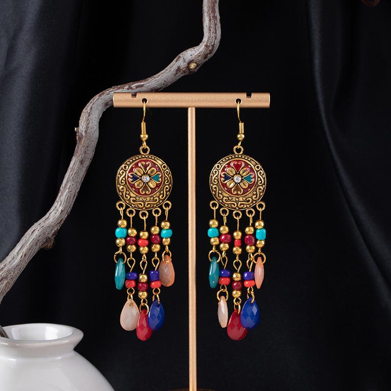 Ethnische Stil Mehrschichtige Wassertropfen Reiskorn Fransenohrringe Damen Bohemian Urlaubsfoto Ohrringe Retro Lange Ohrringe