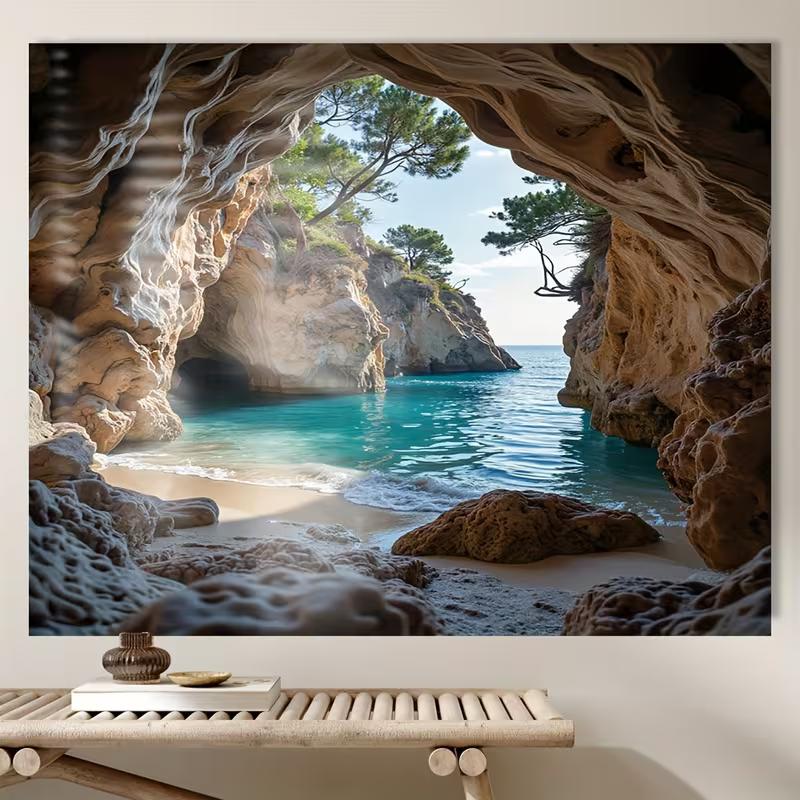 2D Mediterranean Cliff Pine Beach Background for Summer Holiday Party Decoration