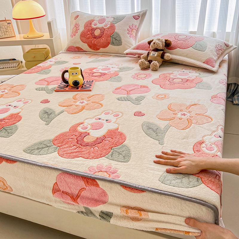 Floral Style Bed Cover Flannel Bed Linen Elastic Fitted Sheet Soft Mattress Protector Sabanas Para Cama (Pillowcase Need Order)