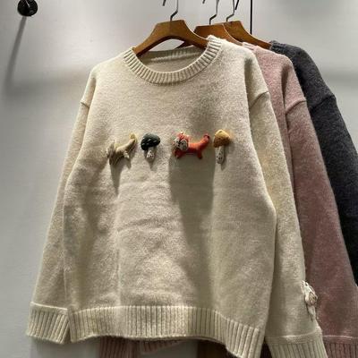 Autumn-Winter Mori Girl Style Cartoon Patch Round Neck Loose Sweater for Women