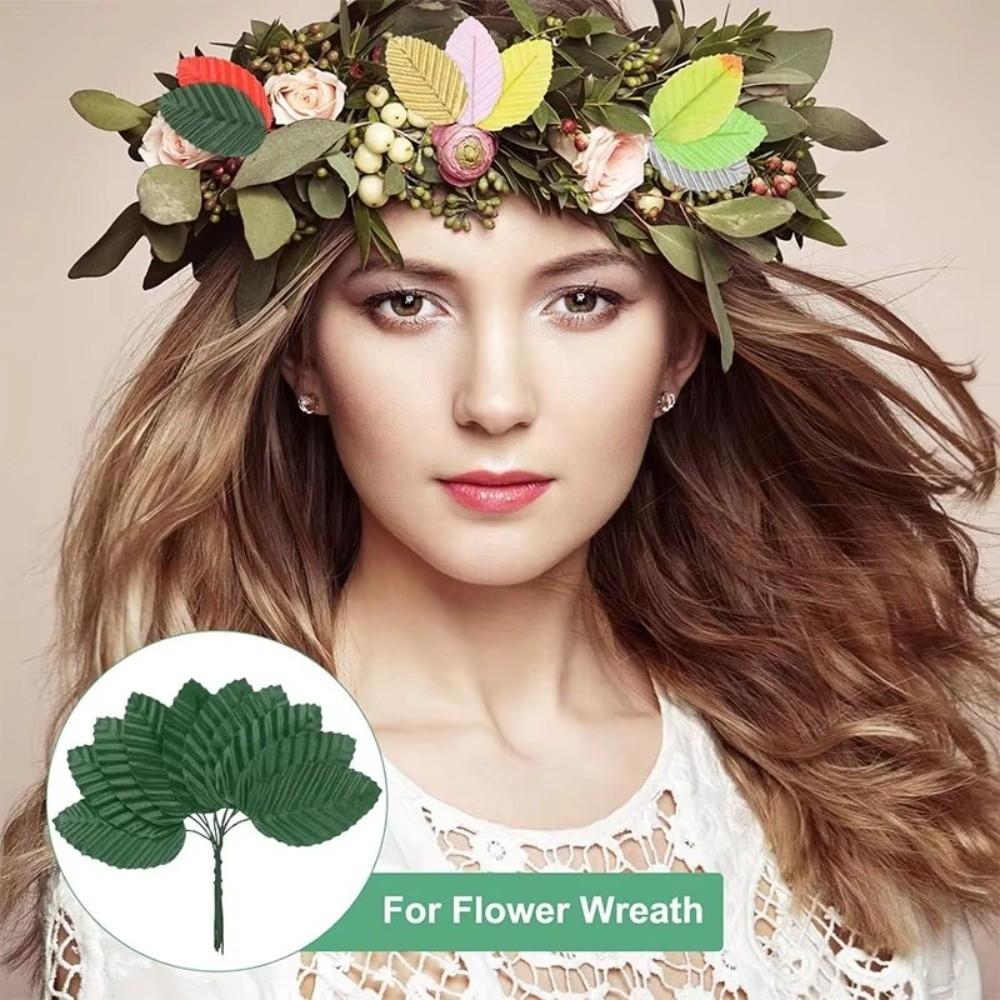 40Pcs Nylon Artificial Silk Rose Leaves Wired Stem Floral Decoration Leaf Fake Flower Leaf DIY Crafts Single Leaf