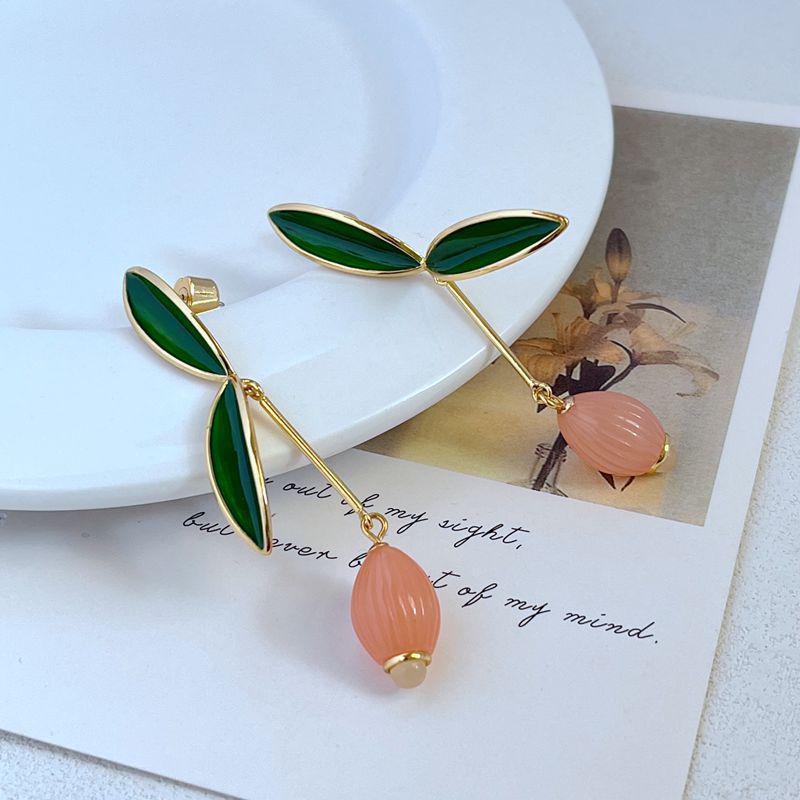 Elegant Green Leaf Enamel Drop Earrings