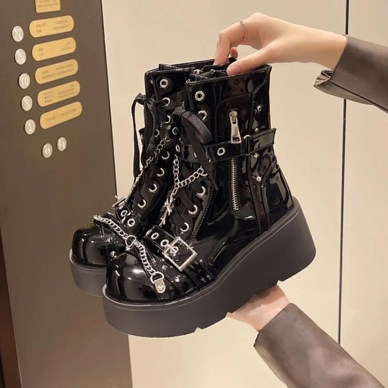 Black Gothic Motorcycle Boots Punk Women Shoes High Heel Zip Platform Chunky Ankle Boots Rivets Mid Calf