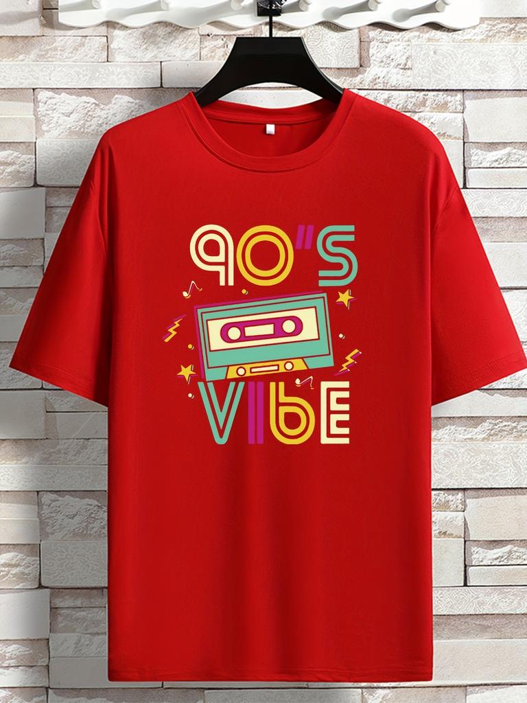 Unisexs Retro Music T Shirt 90S Vibe Old Cassette Tape Color Letter Graphic Print Short Sleeve Crew Neck Casual Cotton Male Tee