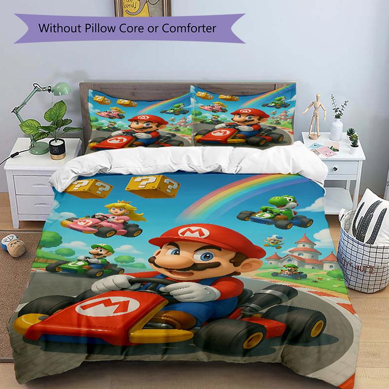 3pcs bedding set Mario Kart Rainbow Includes 1 Comforter + 2 Pillowcases, Without Pillow Inserts, Soft Comfortable, Lightweight Breathable,