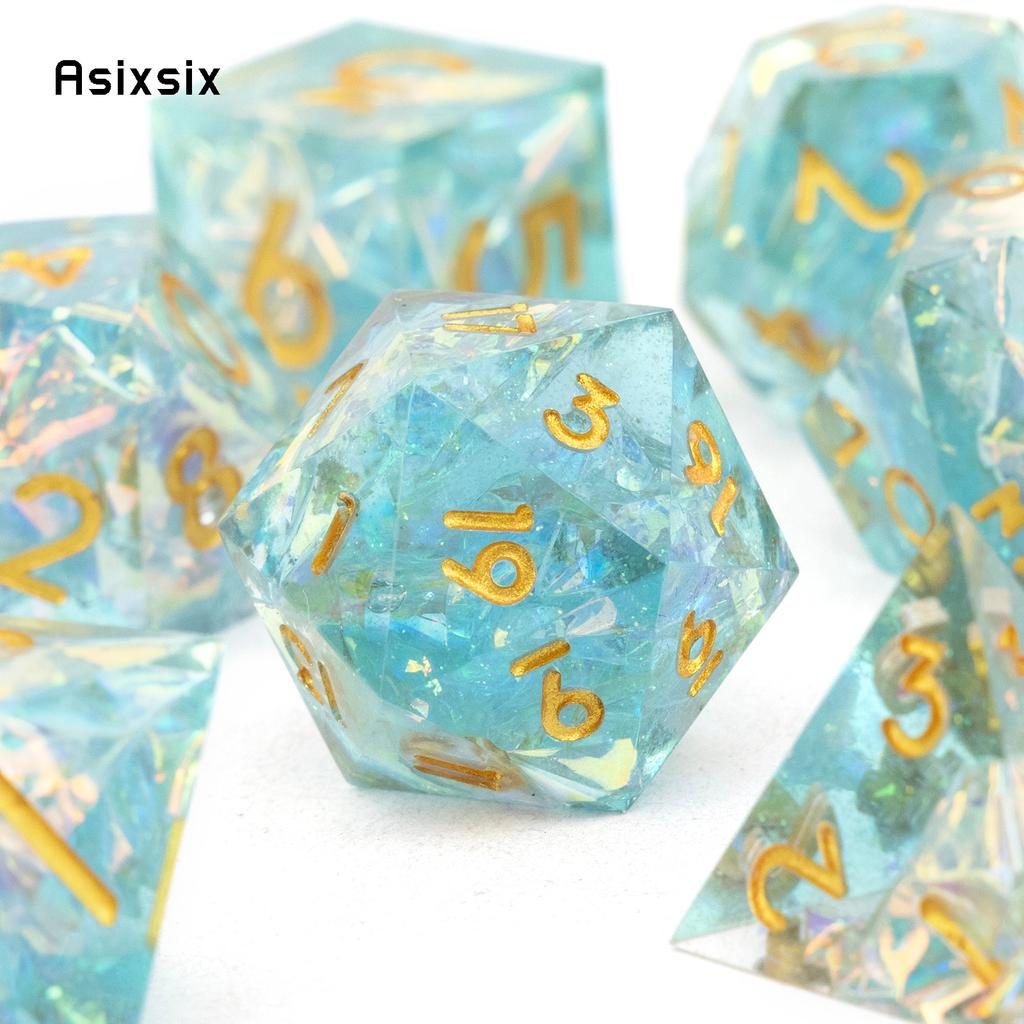 7 Pcs Green Resin Golden Number Sharp Edge Dice Polyhedral Dice Suitable for Role-Playing RPG  Board Game