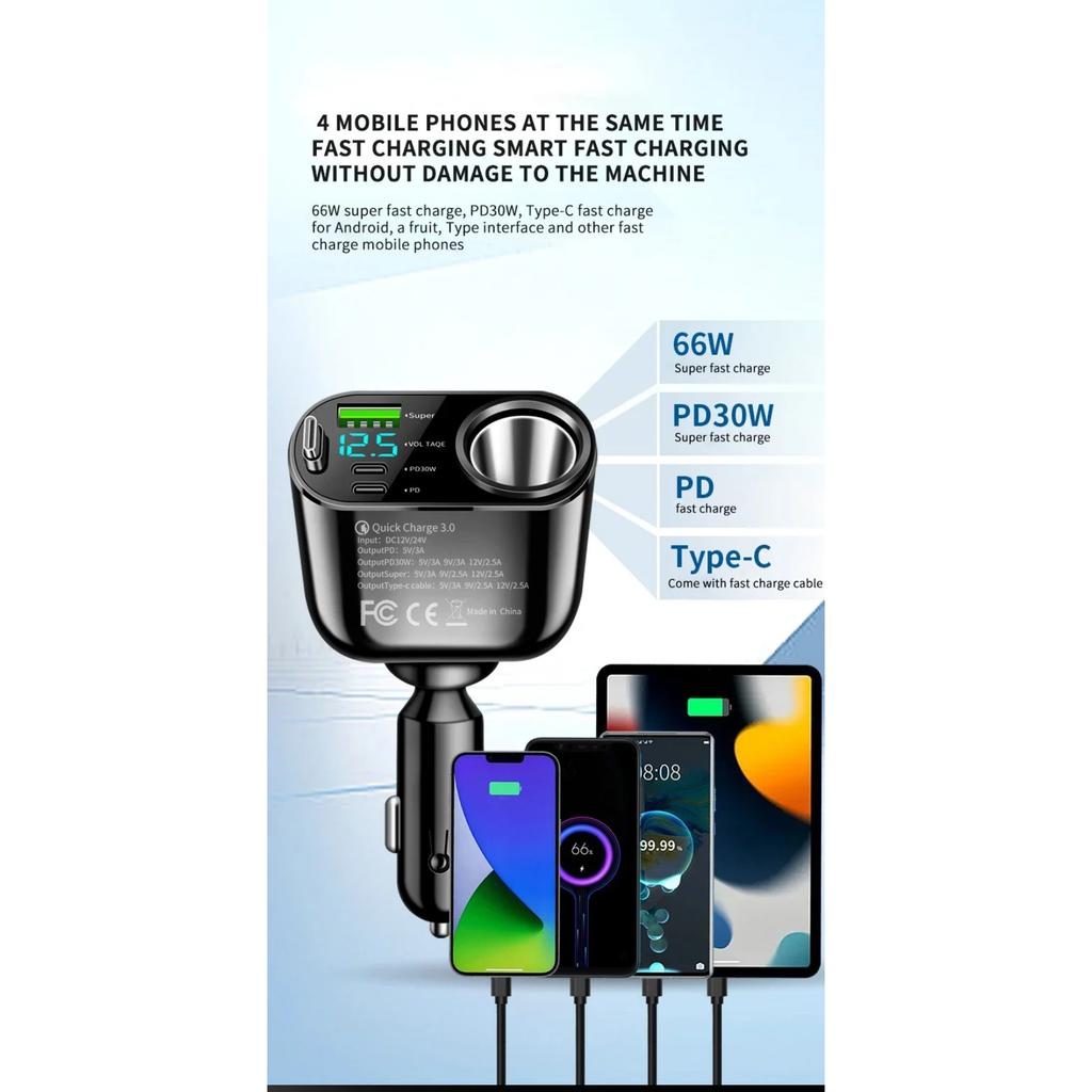 5 In 1 PD 30W Super Fast Charging Socket Car Charger 4 Ports USB Type C Fast Charging for IPhone 16 15 Xiaomi Samsung