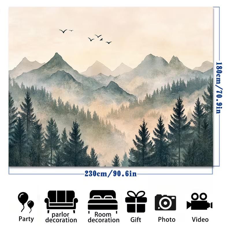 2D Watercolor Style Misty Mountain with Pine Trees Tapestry 47.2x31.5inch/120*80cm