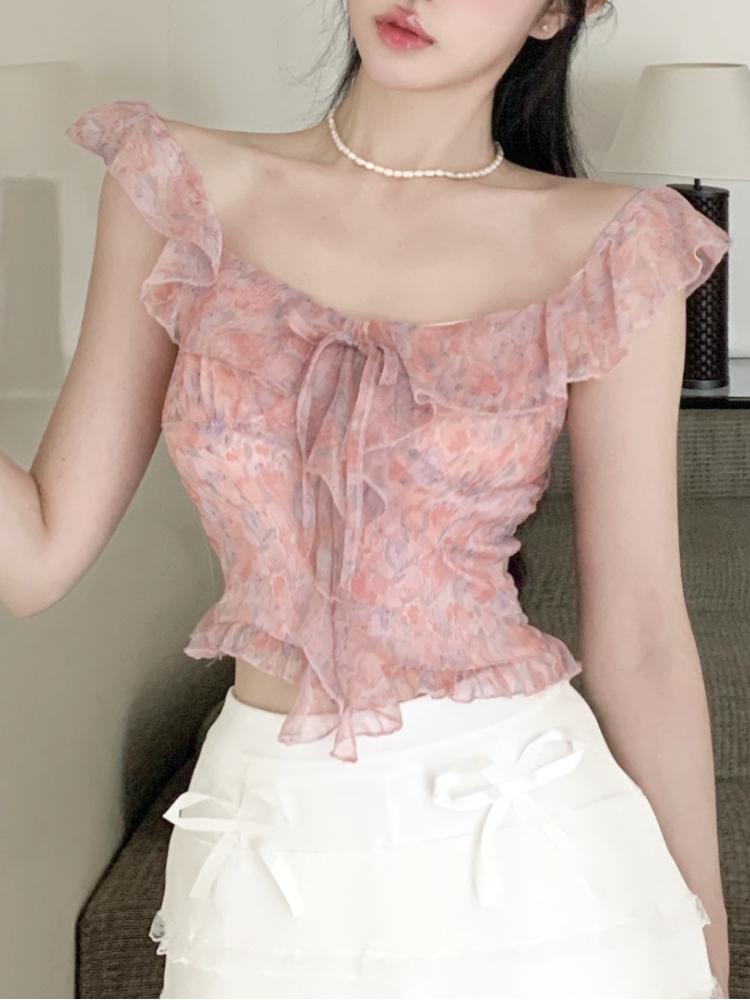 

Милые винтажные тонкие топы без рукавов с ремешком, женские сексуальные топы Y2K с открытыми плечами, отпускной жилет с цветочным принтом, Эстетические вечерние топы на бретелях 2024 S розовый