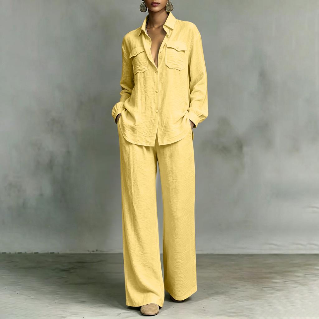 Women's Cotton Linen Loose Fit Shirt and Wide Leg Pants Set with Pockets