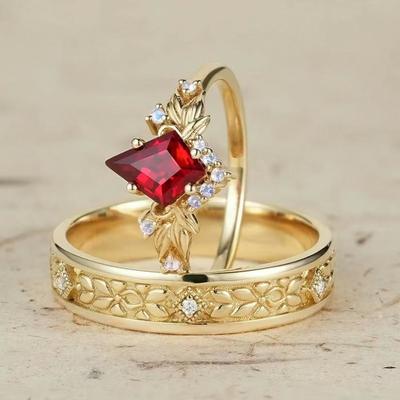 Elegant Gold Color Inlaid with Red Stone Square Leaf Flower Rings Set  Party Engagement Wedding Rings for Women Jewelry