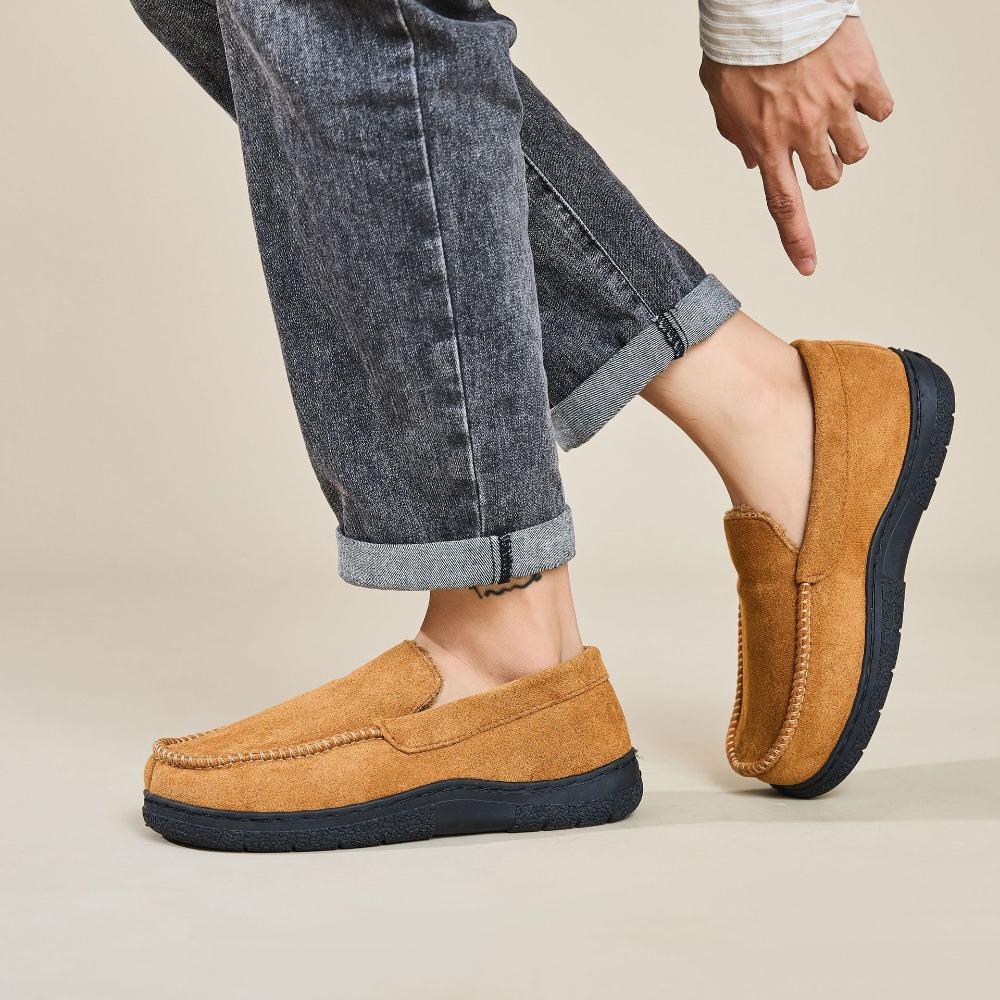 Men's Fluffy Warm Moccasin Slippers Closed Back Non Slip Indoor Outdoor House Bedroom Slippers Fleece Lined Winter