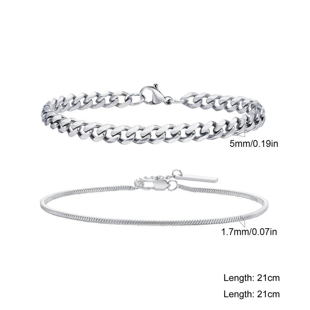 Classic Punk 2pcs Set Stainless Steel Cuban Bracelets for Men Fashion Snake Twist Chain Wristband Hip Hop Stacked Jewelry Gifts