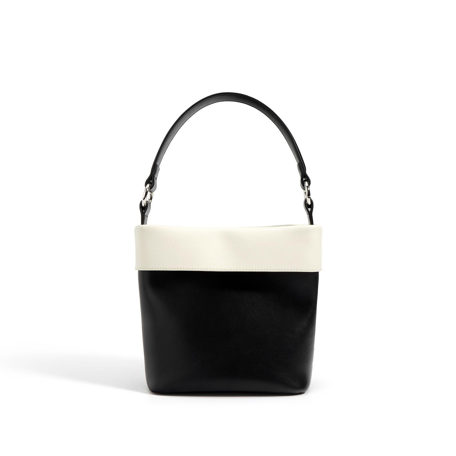 

Large capacity bucket bag, niche leather contrasting color tote bag, high-end fashion handbag, crossbody shoulder bag. чёрный