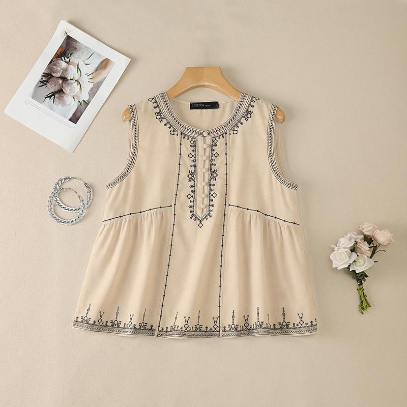 ZANZEA Women Casual Round Neck Loose Sleeveless Print Tank Tops