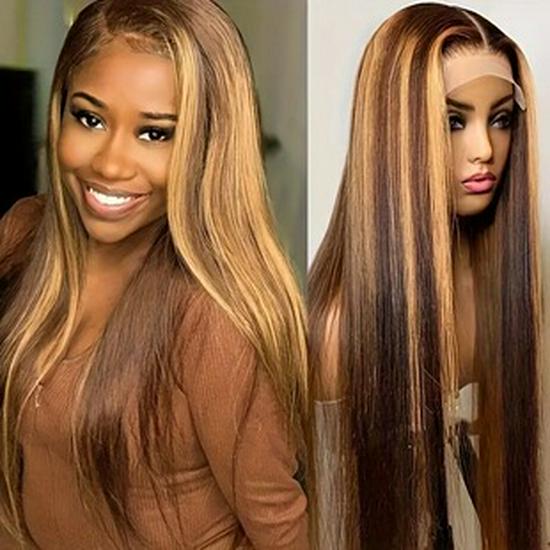 Европейская и американская мода Выделенная средняя часть Кружевной передний парик - Длинные прямые волосы