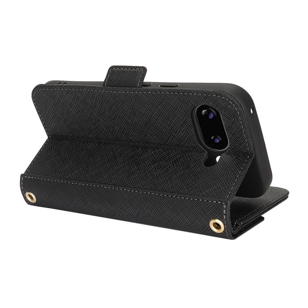 For Google Pixel 9a Stand Case Cross Texture PU Leather Wallet Phone Cover with Shoulder Strap/Makeup Mirror