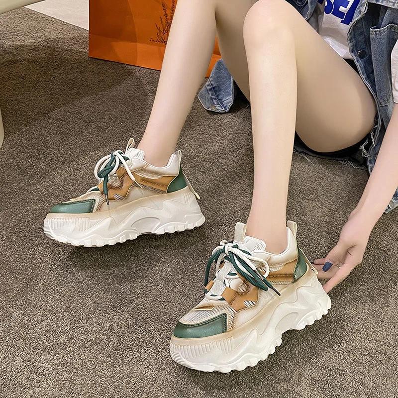 fashion 2024 Hot Sale Women's Shoes Lace-up Women's Vulcanize Shoes Fashion Color Matching High Quality Round Toe Platform Sneakers