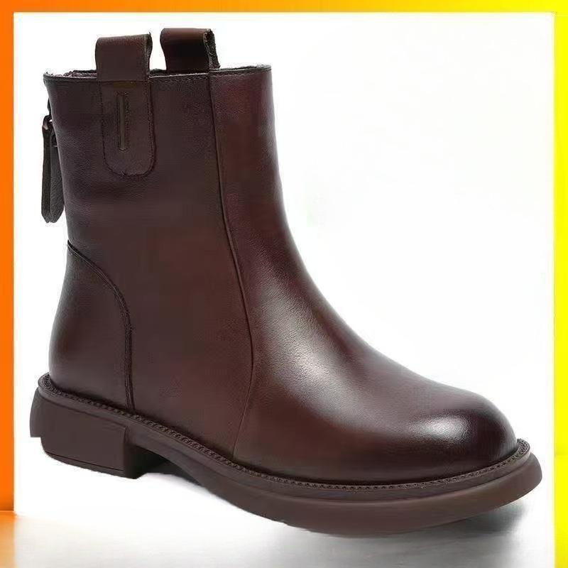 

Туфли из мягкой кожи, Полусапожки, Женские новые кожаные ботильоны на низком каблуке, Ретро ботинки с молнией сзади 40 коричневый