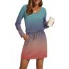 Women's Fashion V-Neck Long Sleeve Drawstring With Pockets Gradient Printed Casual Dresses