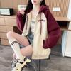 American Style Jacket for Women Autumn Outer Wear Design Contrasting Color Splicing Hooded Sweatshirt Zippered Cardigan