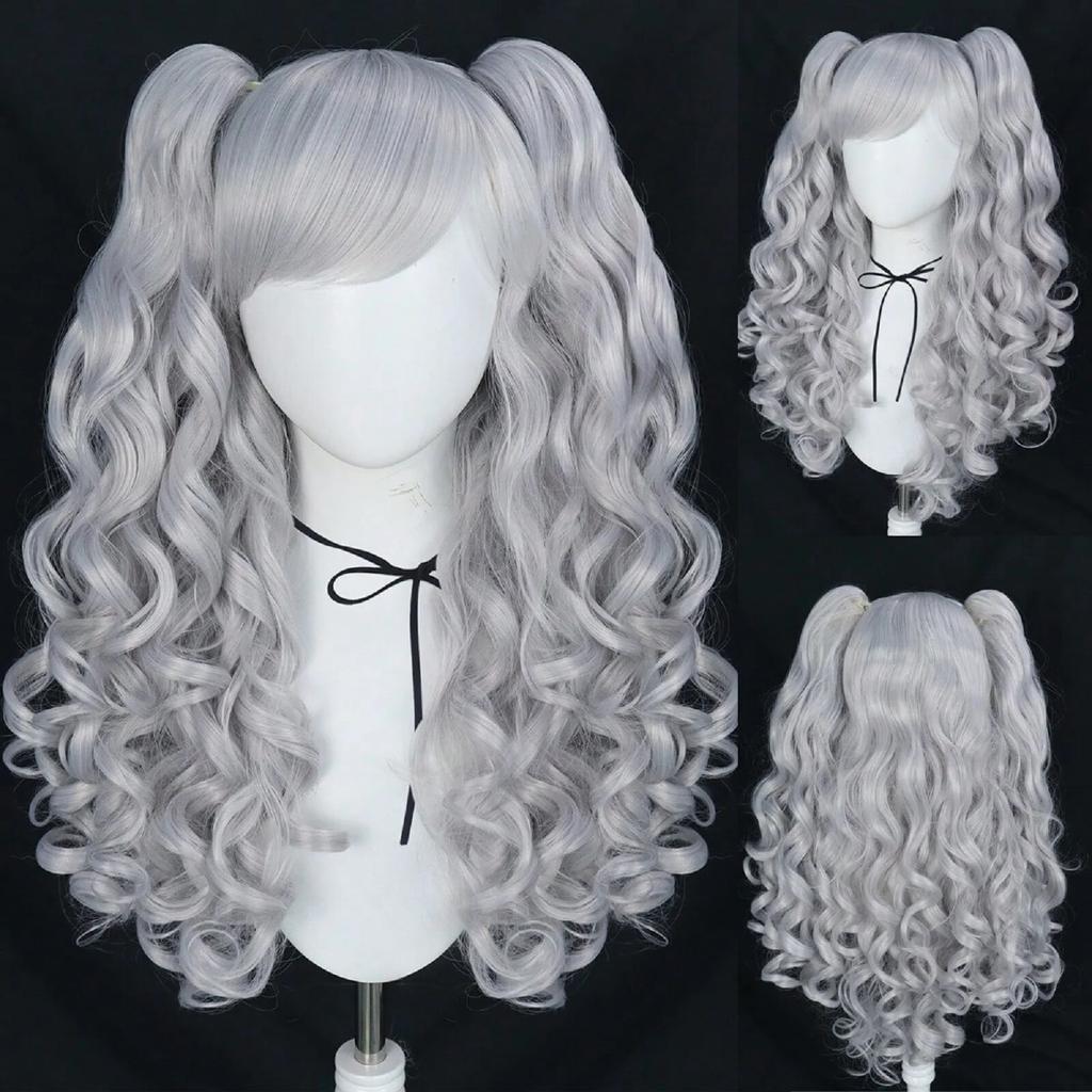 Parrucca Cosplay sintetica lunga colorata riccia per ragazze Lolita Cosplay con doppia coda di cavallo e 1 cuffia per parrucca