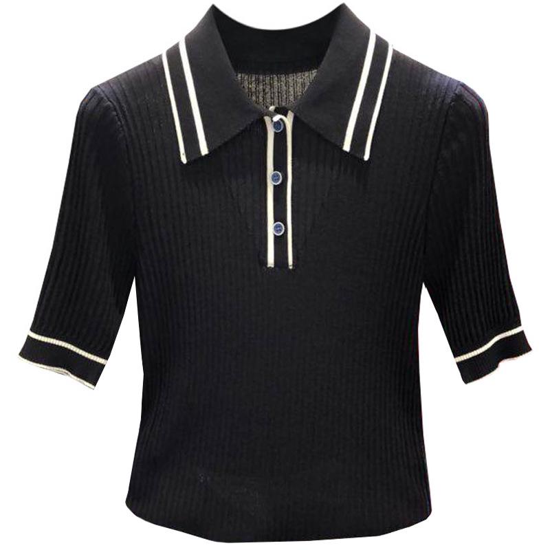 Gejia 2024 Spring/Summer Women's Polo Collar Color Block Short Sleeve Ice Silk Slim Fit T-Shirt