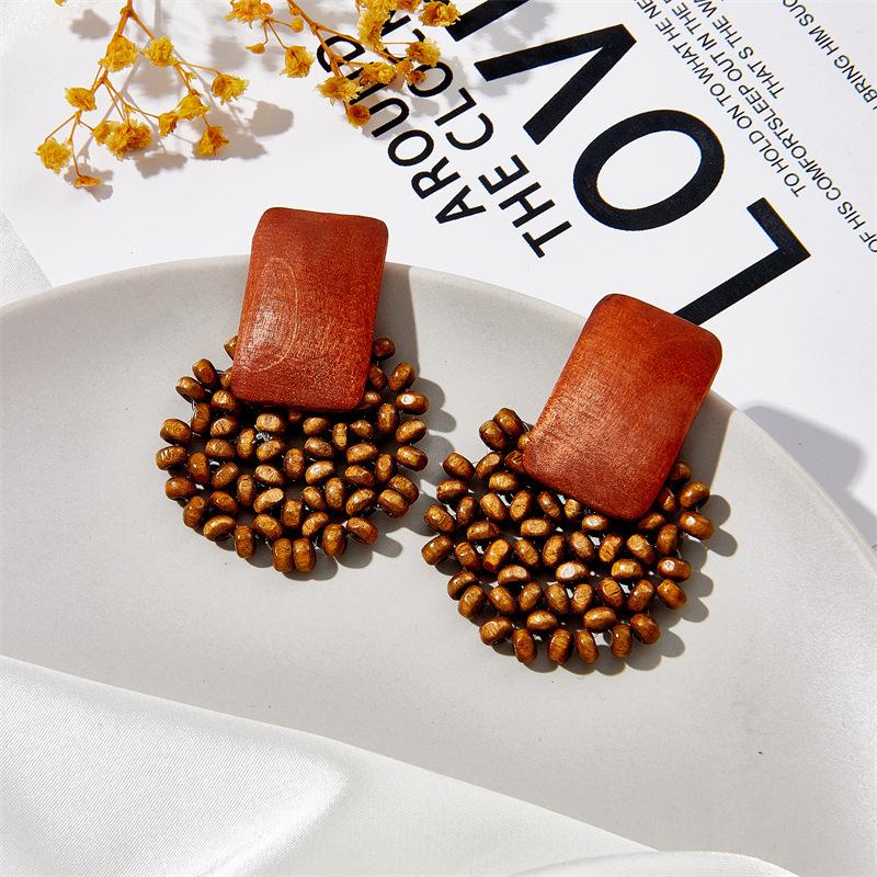 Boho Geometric Wooden Handmade Beaded / Rattan Braid Earrings Fashion Exaggerated Women Drop Earring Ethnic Style Jewelry