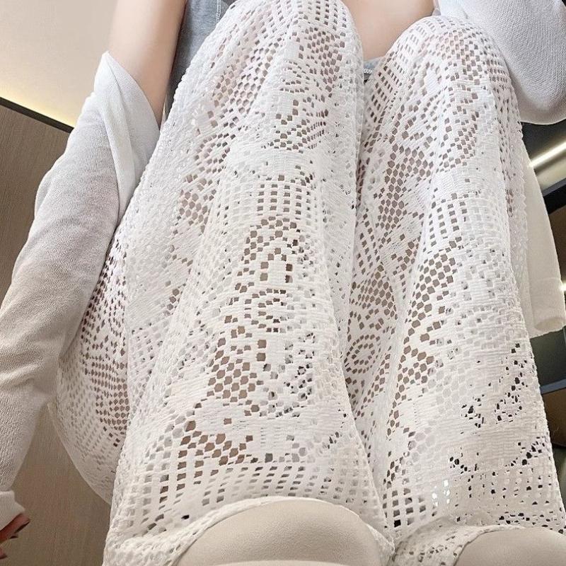 Spitzenbesatz Hohl Weiß Hohe Taille Drapierung Slim Koreanisch Boden Weites Bein Lässige Hose für Sommer