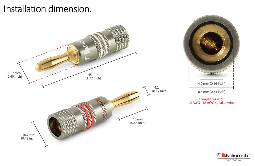 Nakamichi Ultimate Series 24K Gold-Plated Beryllium Red Copper to Banana Plug Speaker Connectors (4mm Contacts, 12-18 AWG, Ideal for Flexible Connecti