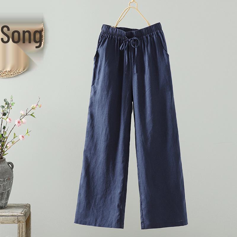 Japanese Pure Linen Women's Wide-Leg Elastic Waist Pants