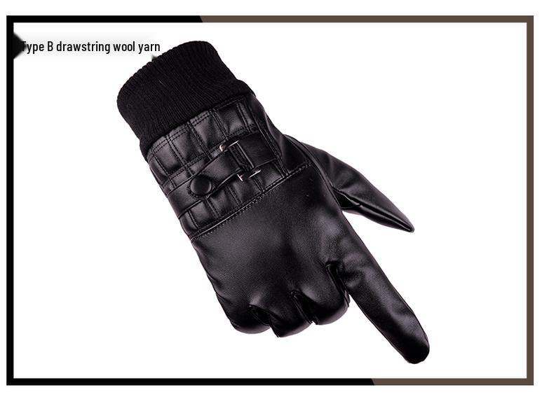 Men's Black Leather Touchscreen Gloves for Riding - Fleece-Lined, Warm, Thin, for Autumn and Winter.