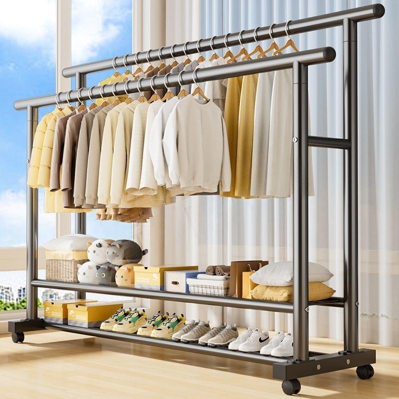 Double Pole Movable Clothes Drying Rack for Bedroom, Balcony, or Outdoor Use