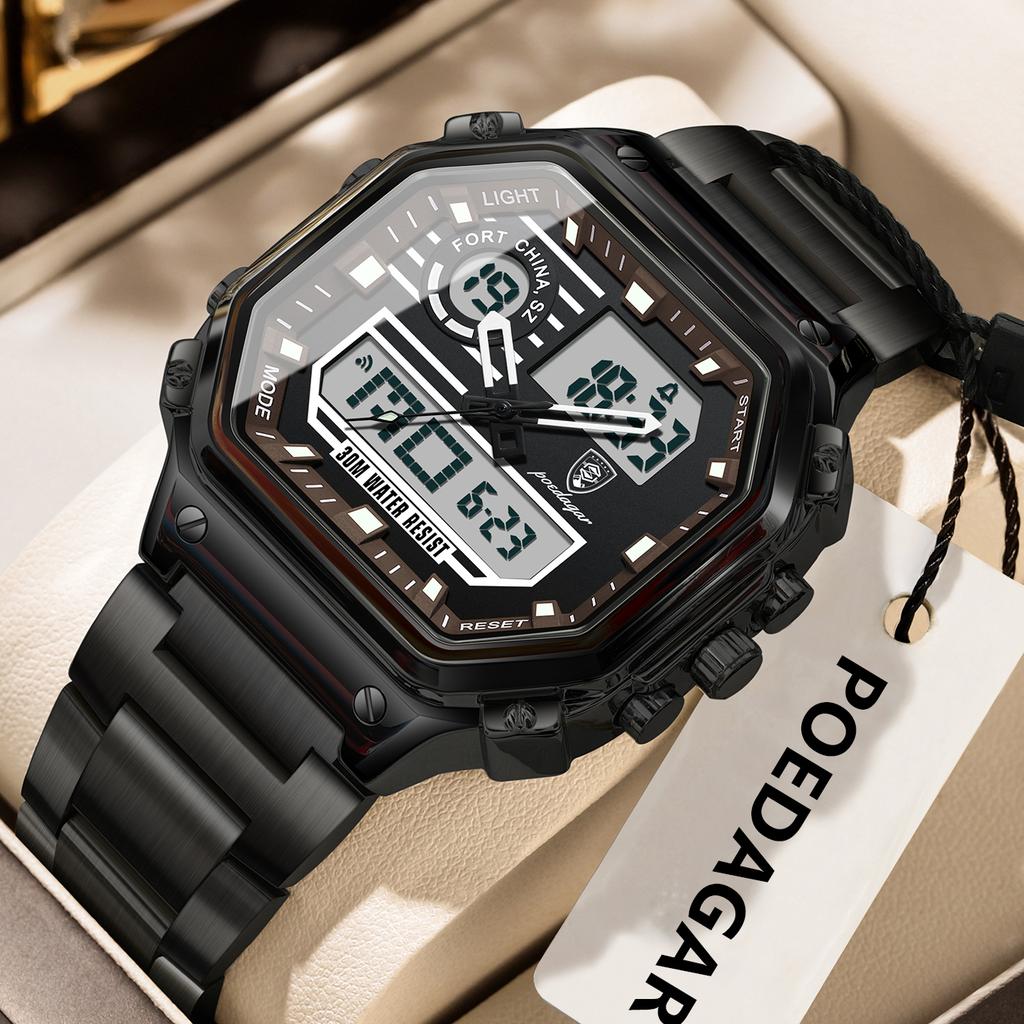 POEDAGAR Top Luxury Men Quartz Watch Waterproof Stainless Steel LED Man Watch Week Date Sports Military Electronic Watches