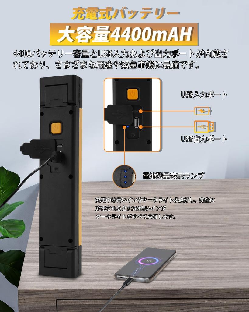 [Emergency Preparedness: Simple and Practical] BORDAN LED Work Light, Rechargeable, with Magnet, Compact, 4400mAH COB Beam, 360° Rotation, Outdoor, Co