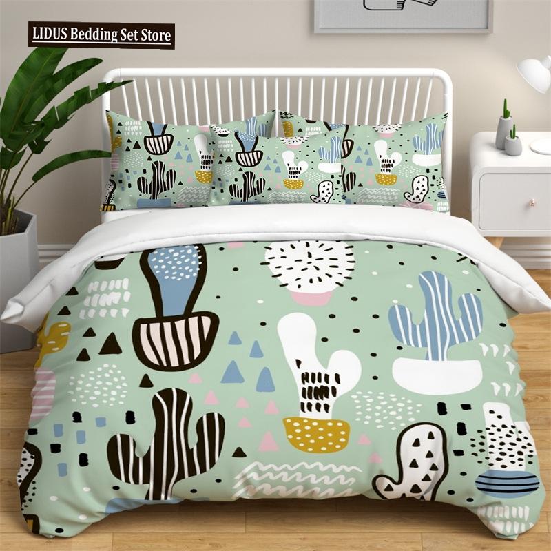Green Cactus Potted Duvet Cover Set King Size Polyester Comforter Cover Cartoon Green Plant Cute Kawaii For Kid Boy Bedding Set