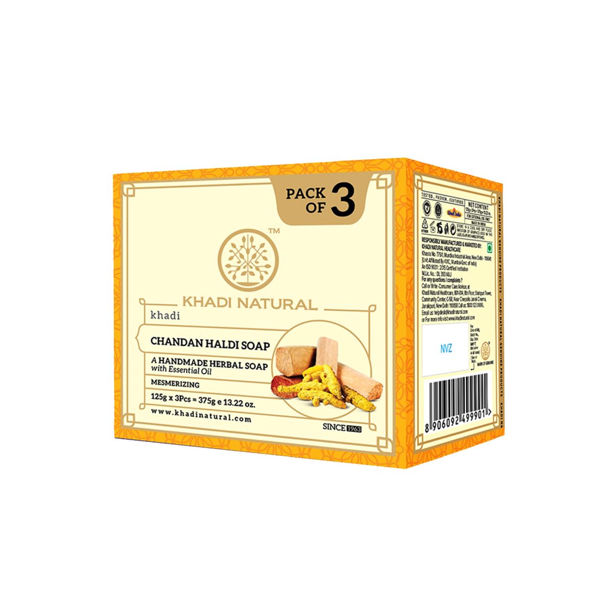 

Khadi Natural Chandan Haldi Herbal Bath Soap Bars With Essential Oils Gentle Cleansing Bathing Bar For All Skin Types Pack of 1 ( (125g x 3pcs)