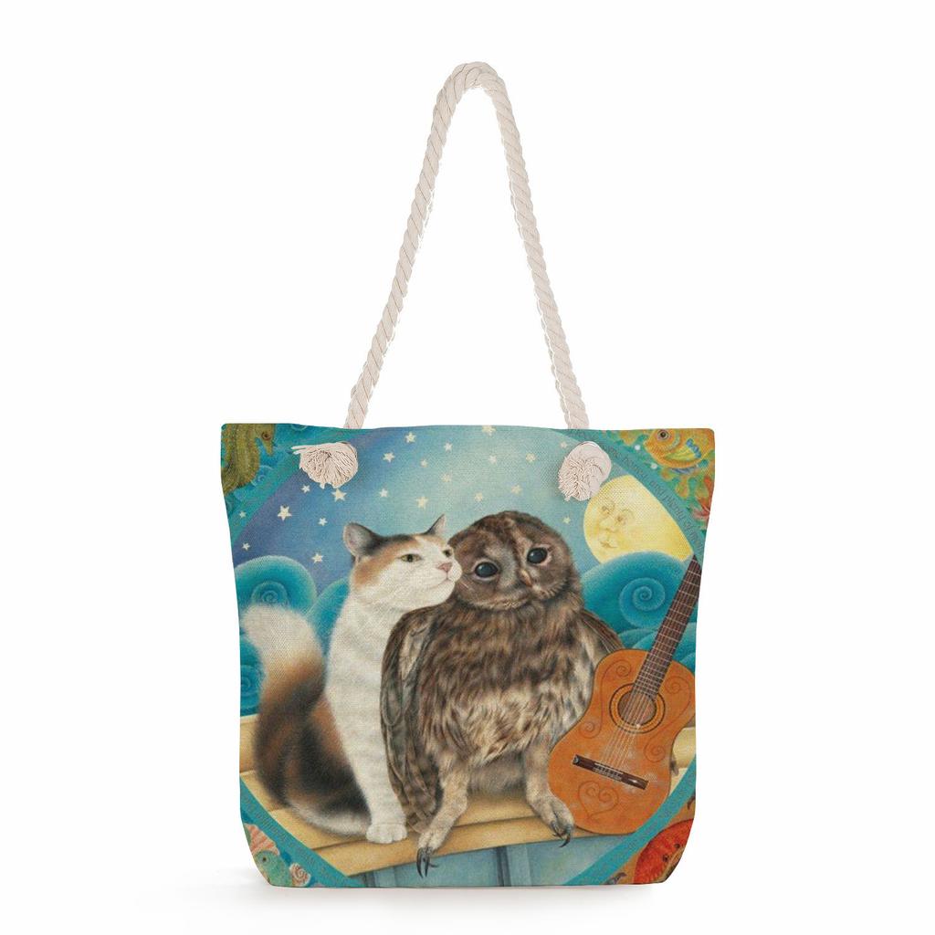 Flower Cat Print Thick Rope Single-shoulder Beach Bag 7262