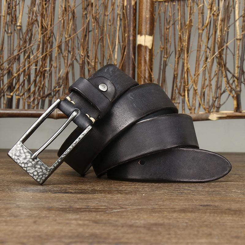 Bold And Thickened Hammer Pattern Stainless Steel Button Head Belt, Men'S Genuine Leather First Layer Cowhide Trendy Versatile Denim Belt