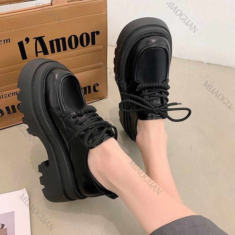 Fashion Women Spring Autumn Thick Bottom Leather Pumps Retro Round Head Lace Up Mary Janes Shoes Middle Heel Casual Loafers for Women