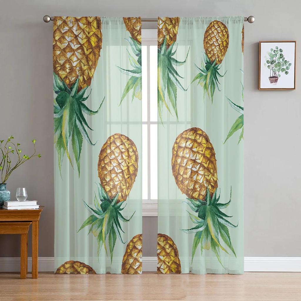Yellow Pineapple Fruit Flower Tulle Curtains Living Room Bedroom Decoration Transparent Chiffon Voile Window Curtain Light Filtering For Polyester