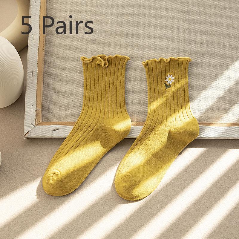 5 Pairs of Female Cotton Sweet Lace Fashion Fungus Edge Floral Embroidery Medium Tube Pile Socks