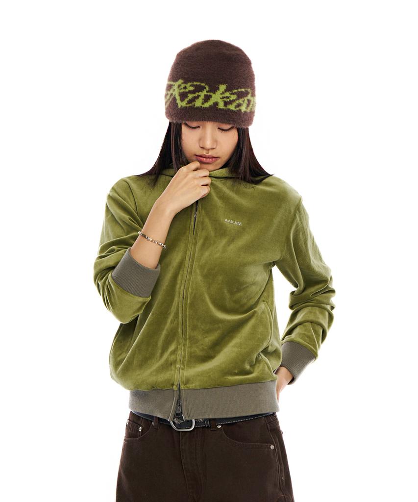 Aakam Rhinestone Velor Zip-Up Hoodie (Green)