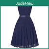 Elegante Vestido Retro de Cuello Redondo sin Mangas con Puntadas de Encaje, Cinturón Ancho y Falda de Corte Amplio Ajustada
