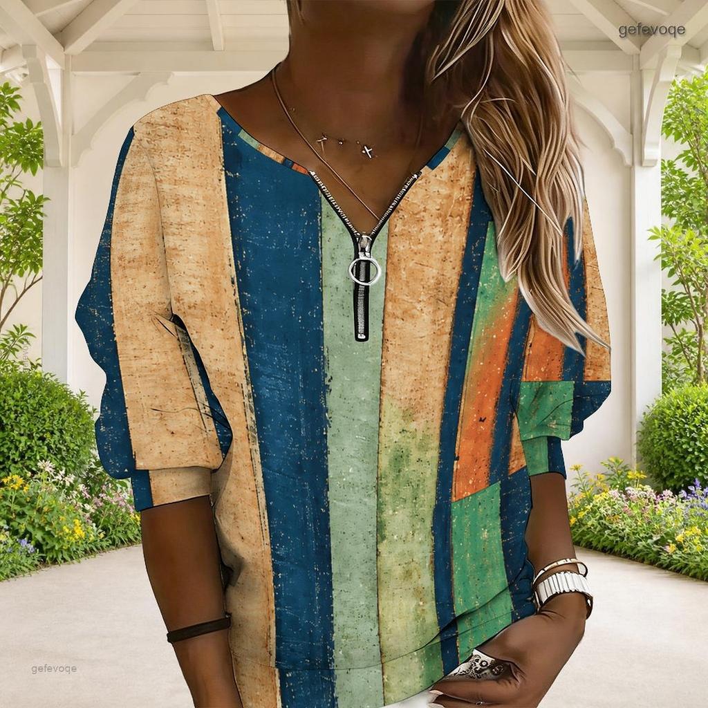 Women Plus Size White Printed V Neck Half Zip Long Sleeve Sweatshirt With Ribbed Cuffs